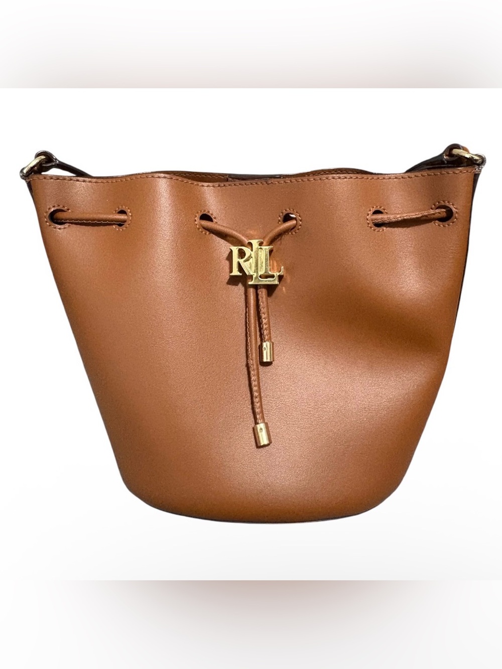 Lauren Ralph Lauren Brown Small Bucket Drawstring Magnetic Bag Gold Logo Strap - Picture 2 of 8
